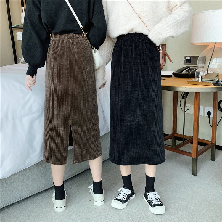 Винтажная Вельветовая Свободная Женская юбка Harajuku с высокой талией, тонкая Однотонная юбка, женская простая Осенняя Новая женская черная юбка