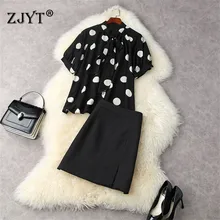 Aliexpress - 2021 Summer Two Piece OL Outfits Women Runway Fashion Designers Dot Print Loose Chiffon Shirt and Aline Skirt Suit Sets