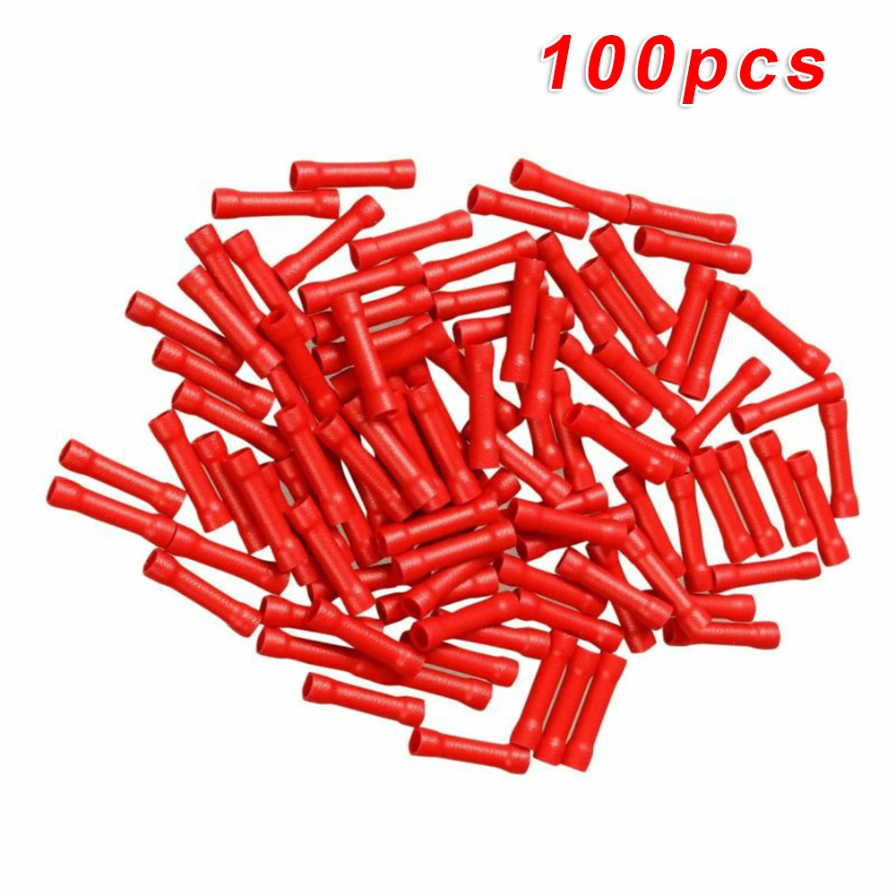 100pcs Red Vinyl Butt Wire Connectors Crimp Terminals Electrical 22-18 AWG Brand new and high quality