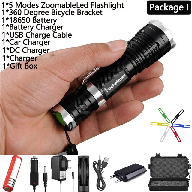Package I Супер яркий водонепроницаемый самый мощный XML-T6 светодиодный фонарик Zoomable 5 режимов фонарь 18650 Зажим для ремня фонарь z90 для наружного использования FS - Испускаемый цвет: Package I