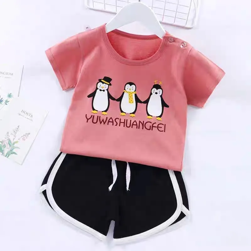 Boutique Kids Wear Summer Thin Girls Outfits Pure Cotton Print Boys Short Sleeve Shorts Suit 1-5 Year Old Children's Clothes