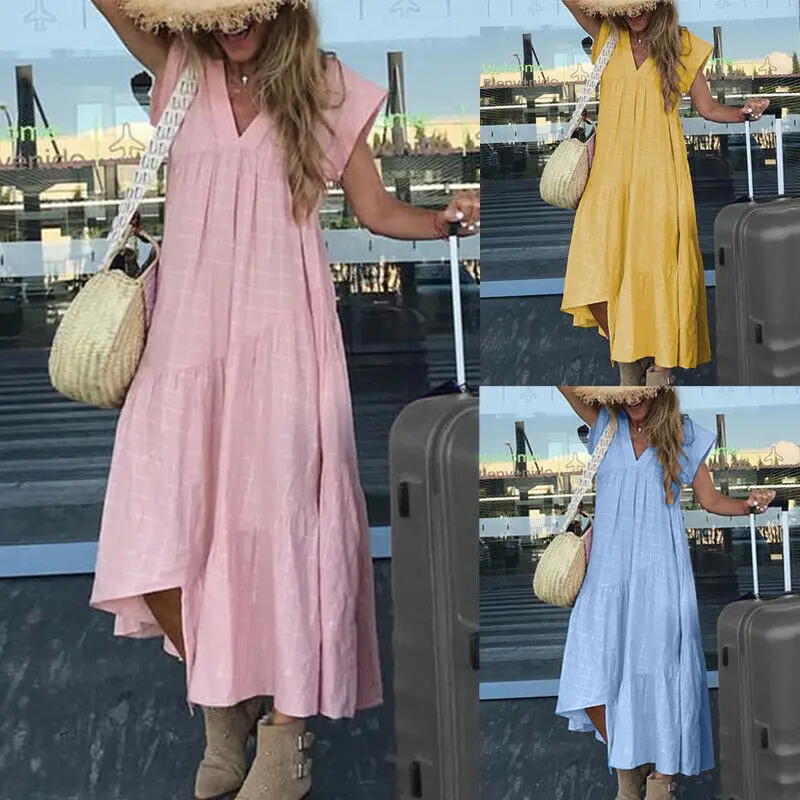 Женские летние Boho Повседневные Вечерние пляжные платья сарафаны женские с v-образным вырезом Свободные повседневные модные платья до середины икры