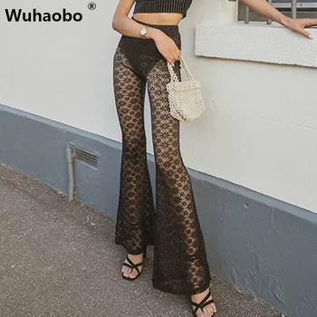 

Wuhaobo Lace Mesh See-through Hight Waist Flare Leggings Skinny Black Sexy Women Spring New 2020 Pant Hollow Out Long Pant