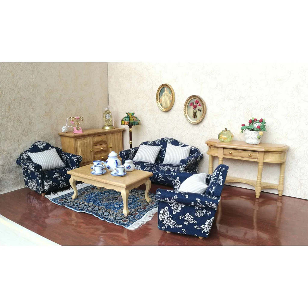 1/12 Dolls House Furniture Living Room Sofa Armchairs Cushions Pillows Blue