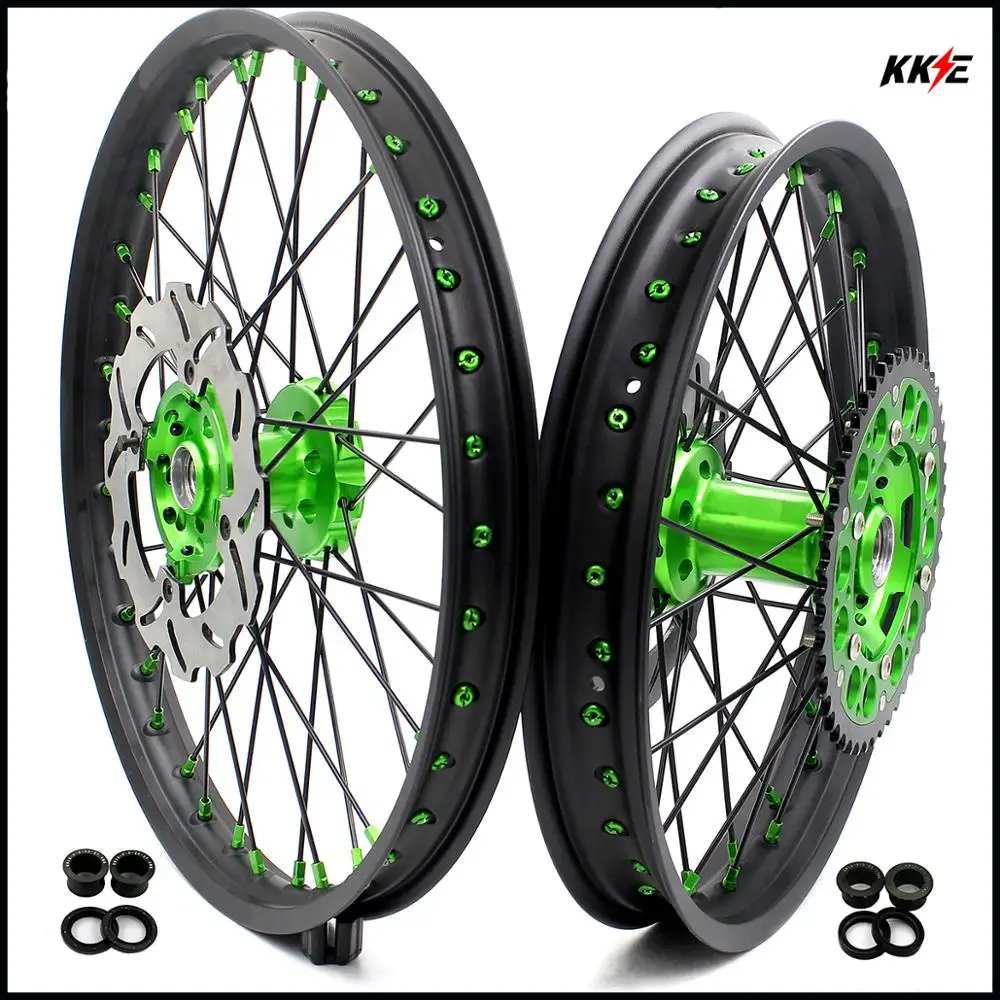 KKE 21/18 Motorcycle Rim Spoked Wheels Set For KAWASAKI KX250F KX450F 2006-2014 KX125/250 2006-2007 Green Nipple Black Spoke |