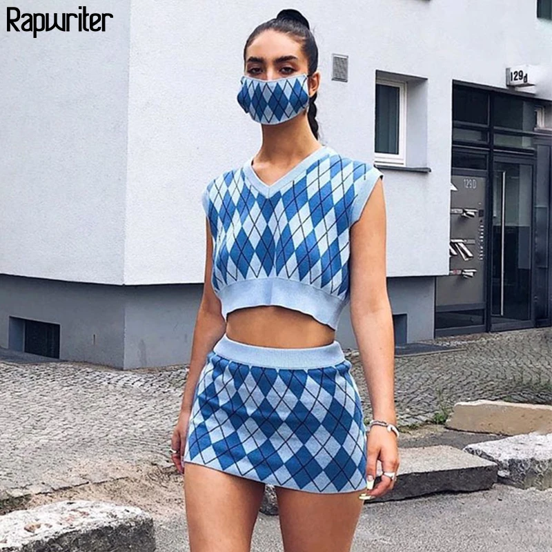 

Argyle Plaid Knitted Sweater Vest And Pencil Skirts Tracksuit Y2K Two Piece Set Women V Neck Cropped Tops Outfits England Style