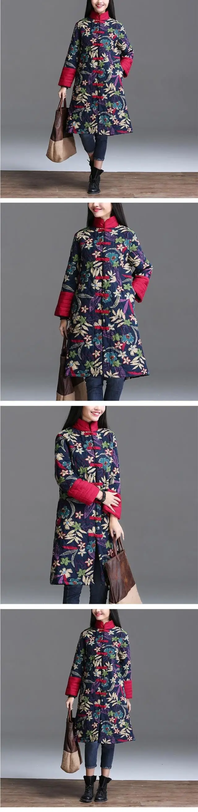 Китайская Красная Цветочная женская зимняя теплая длинная куртка винтажная стеганая куртка женская синяя Цветочная зимняя стеганая парка Женская ветровка