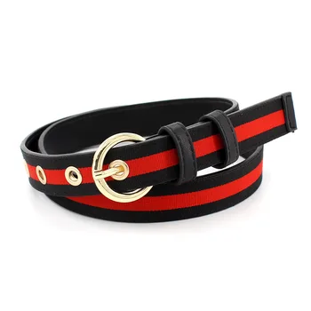 

Canvas Striped Round Gold Buckle Waist Belt Versatile Fashion Decorative Women Leather Students Designer Belts High Quality