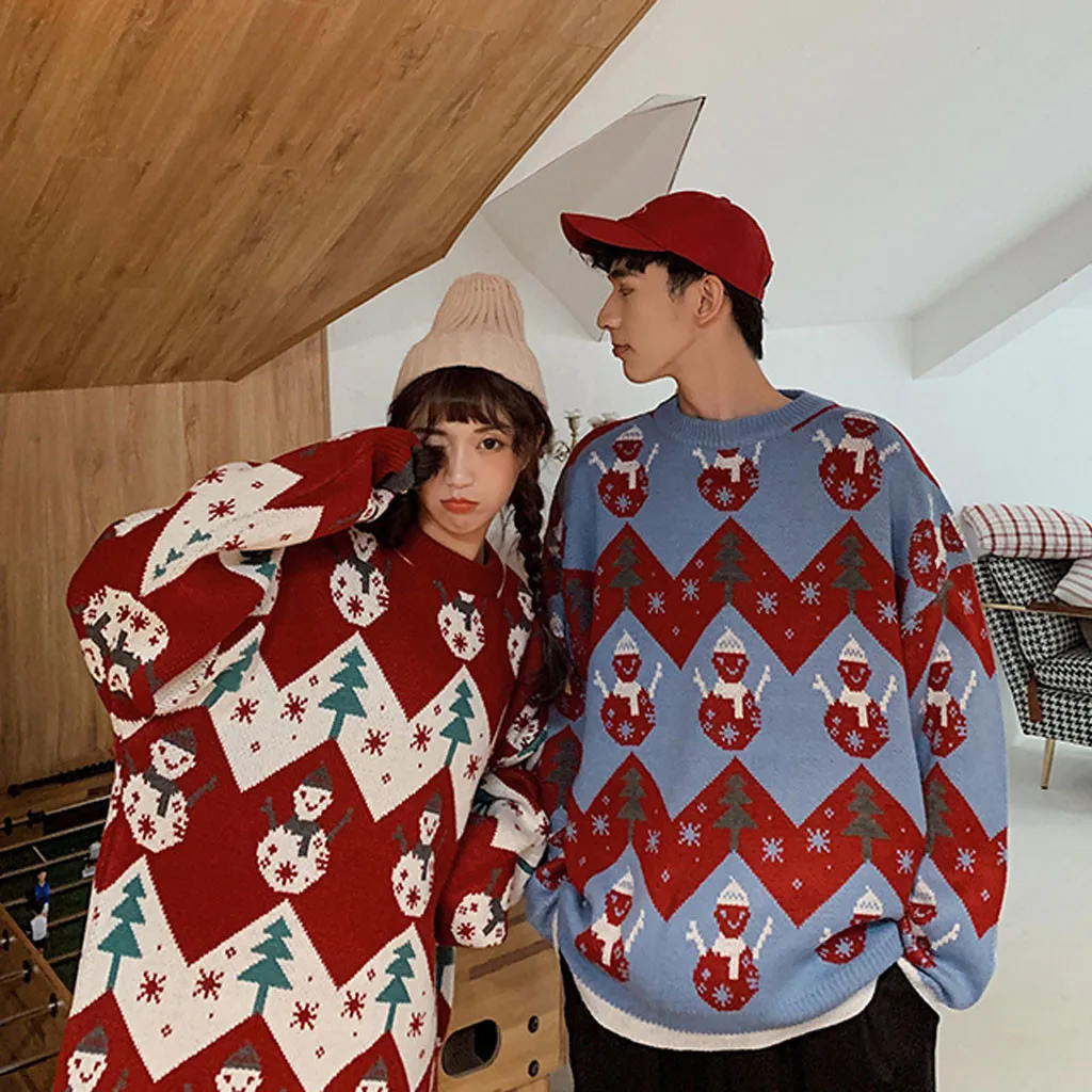 

Couple Korean Sweater Autumn And Winter New Fashion Sports Sweater Christmas Print Loose O-Neck Knit Sweater M1021
