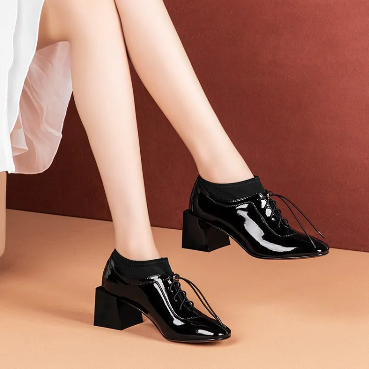 

Spring And Autumn Fashion New Style Trend Deep Mouth Elasticity Shoes Full-grain Leather Front Elastic Decoration Chunky Semi-hi