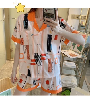 

2020 Summer woman cotton pajamas set lovely yellow chicken print short-sleeved Pajamas Cardigan caiyier girl pajamas lovely home