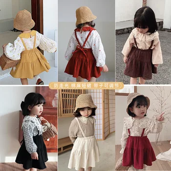 

Children Suspenders dress Girl Strap Dress Baby Girls Outfits Linen Cotton Dress with Shorts Inside Toddler Kids Pleated Jumper