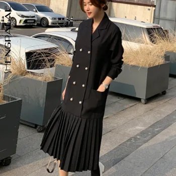 

SHENGPALAE 2020 New Fashion Spring Japan Korea Ruffles Mis-calf Turn-down Collar Button Women Long Sleeve Loose Dress FQ407