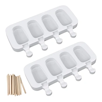 

sicle Molds Set of 2, Silicone Molds 4 Cavities Homemade Ice Cream Mold Oval with 50 Wooden Sticks for DIY Ice Cream