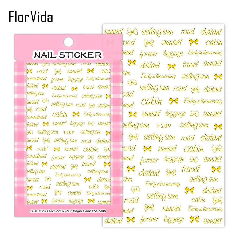 FlorVida F207-213 черно-белые серебристые золотые буквы наклейки для ногтей художественный узор шрифт с клеем накладные ногти Красота Маникюр - Цвет: F209 Golden