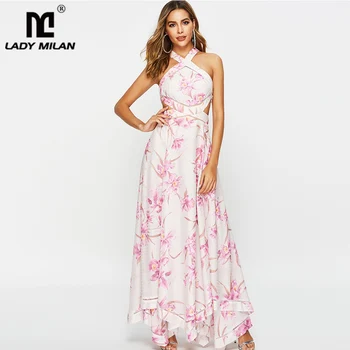 

Women's Runway Dresses Sexy Halter Sleeveless Floral Printed Open Back High Street Fashion Long Dresses