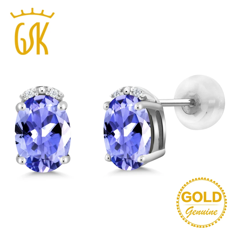 

GemStoneKing 1.53 Ct Oval Natural Blue Tanzanite White Diamond 10K White Gold Stud Earrings For Women Wedding Jewelry