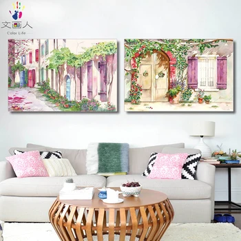 

paint by number art painting by numbers illustration landscape series next to the house hand-painted color oil painting