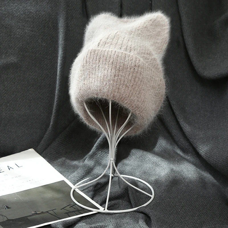 VISROVER 17 Colorway Unisex Solid Cat Shape Rabbit Fur Woman Winter Hat Soft Autumn Bonnet Cute Cat Ear Woman Warm Skullies Gift 