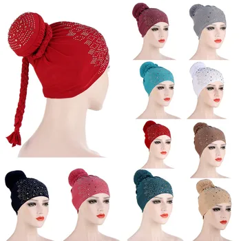 

2020 Fashion Women Solid Hot Drill Bun Hat Hedging Cap Beanie Wrap Wig Ball Braid Cap Lady Casual Baotou Bonnet Femme Hiver