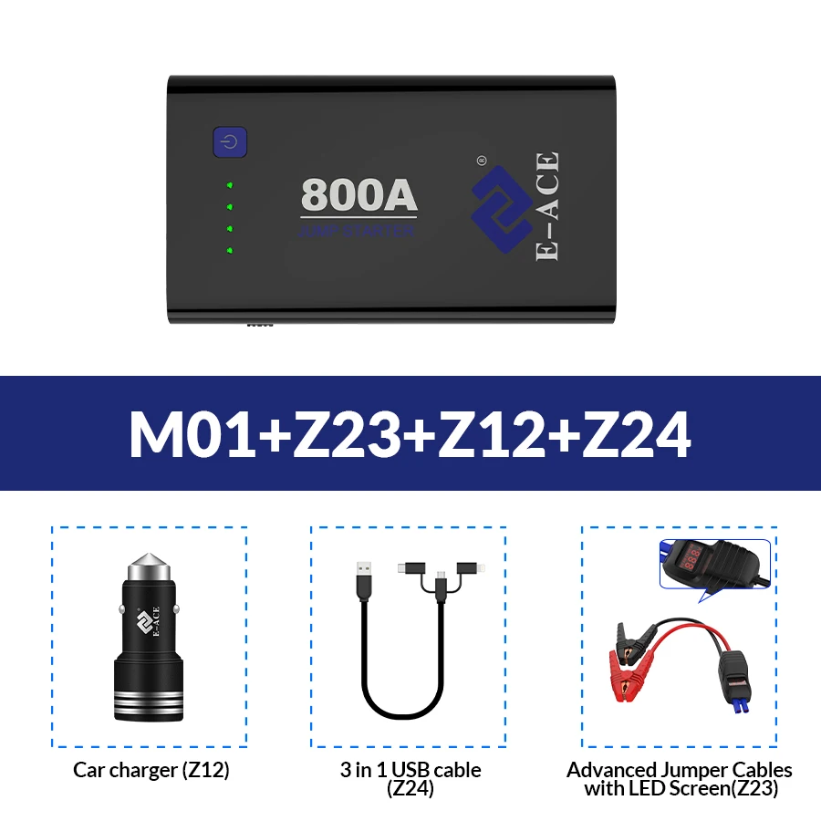 M01-Z23-Z12-Z24 E-ACE стартер скачка для автомобиля Зарядка сокровище 800А 12 В аварийный портативный аккумулятор большой емкости стартер с USB зарядным усилителем - Цвет: M01-Z23-Z12-Z24
