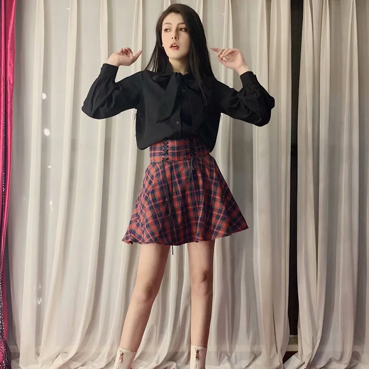 

2019 Spring Summer High-waisted Plaid Pleated Skirt Women's CHIC Versatile Short Skirt College Style Half-length A- line Skirt S
