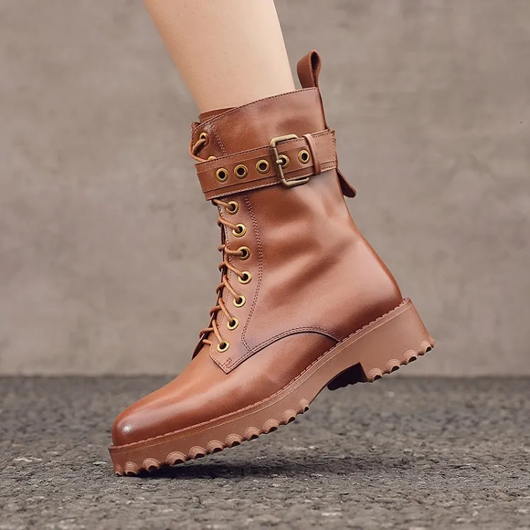 

2019 Head Muffin Bottom Belt Buckle Boots Genuine Leather Woman Boots
