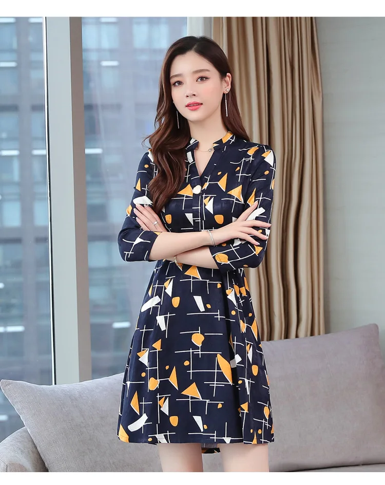 Vintage Print Chiffon Long Sleeve Mini Dress Autumn Winter Chic Plus Size Women Bodycon Dress Elegant Femal Party Vestidos