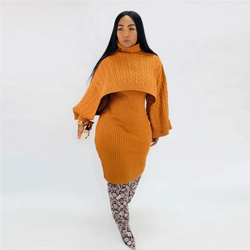 Adogirl Winter Sweater Two Piece Set Dress Turtleneck Long Sleeve Loose Crop Top Spaghetti Straps Bodycon Midi Skirt Suits