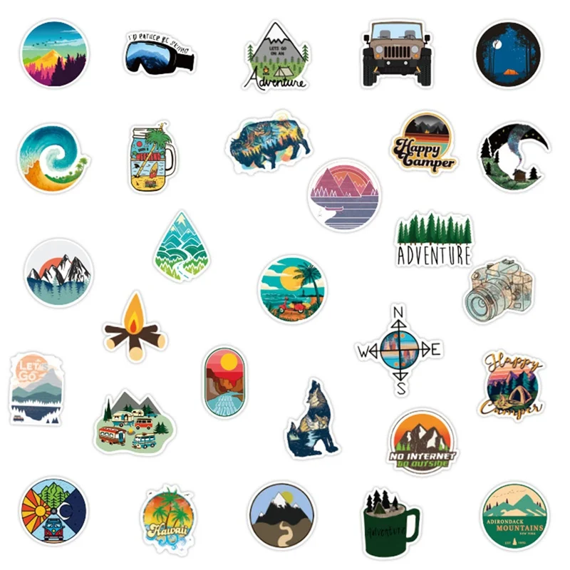 

50 PCS Camping Travel Landscape Stickers DIY Outdoor Adventure Climbing Series Waterproof Sticker DIY For Suitcase Laptop Helmet