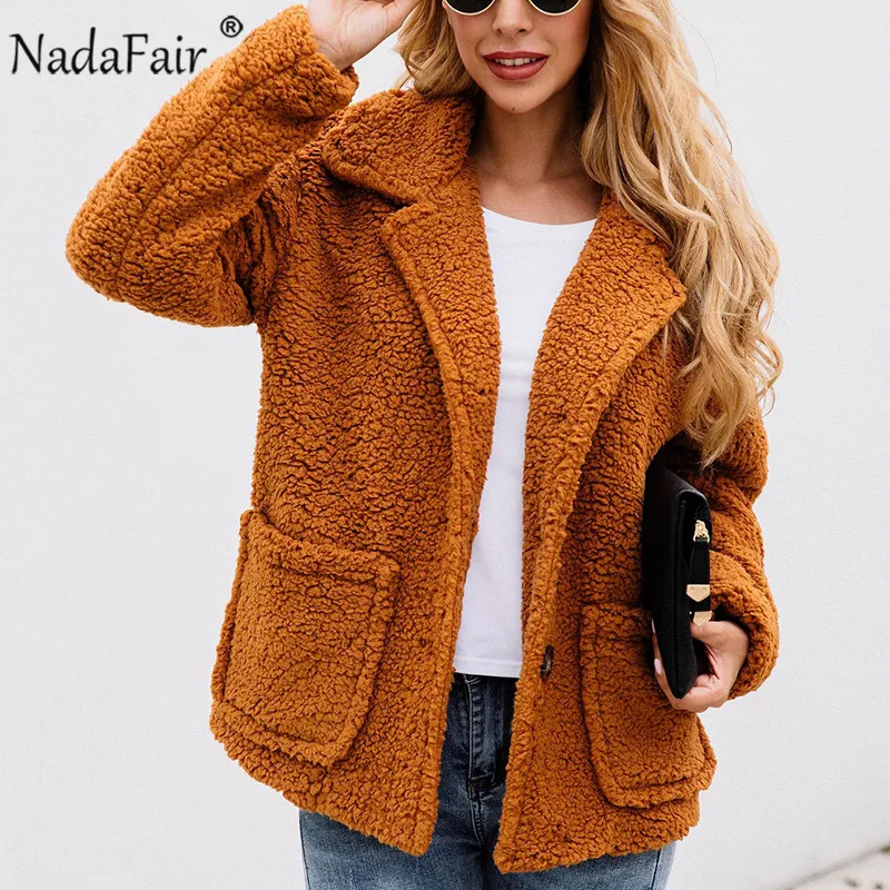 Nadafair женское повседневное зимнее пальто из искусственного меха куртка осень пушистые карманы теплый толстый размера плюс плюшевое пальто женская верхняя одежда