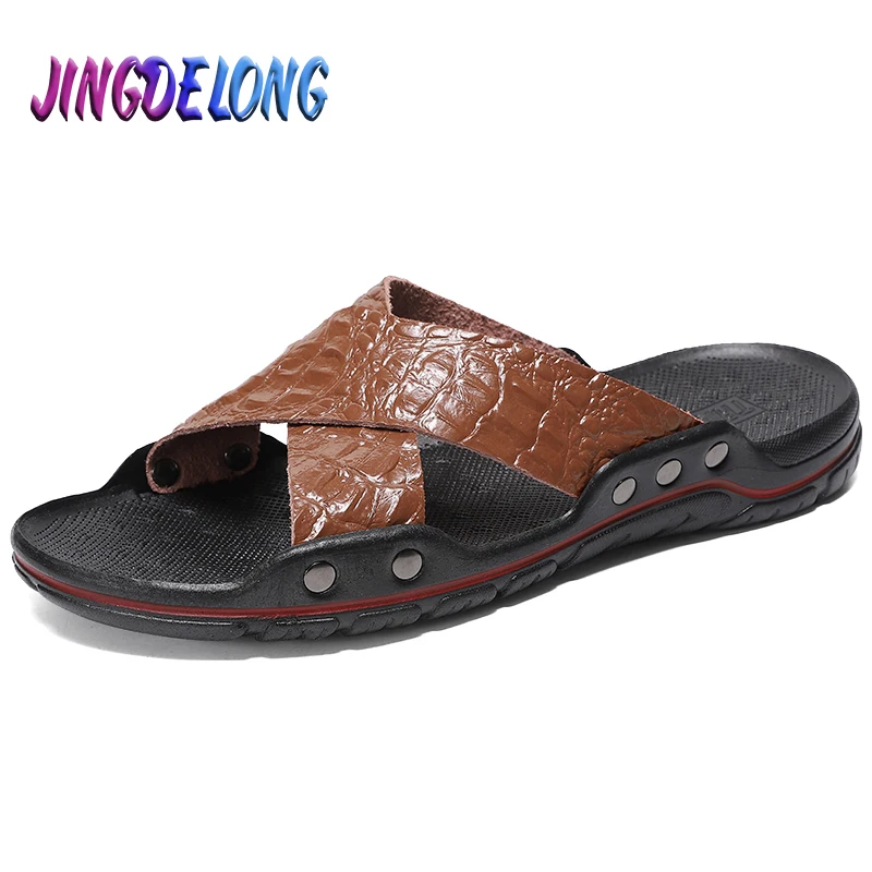 Summer Men's Slippers Genuine Leather Breathable Slippers Sandals Luxury Classics Men Flip Flops Outdoor Moccasins Soft Shoes