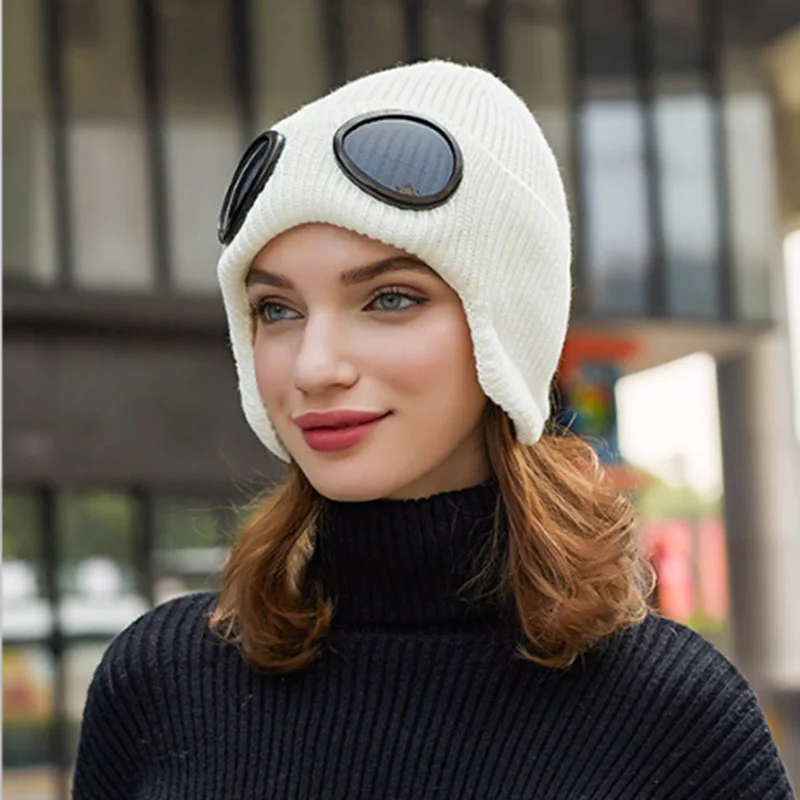 RUHAO двойная утолщенная зимняя вязаная шапка теплая шапочки Skullies Лыжная шерстяная шапка и очки для мужчин и женщин - Цвет: 2