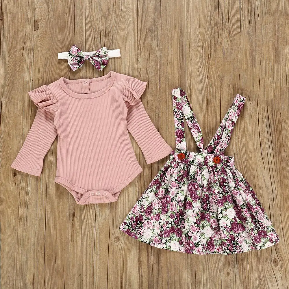 Комплект из 3 предметов, осенний комплект одежды для новорожденных девочек, Розовый боди с длинными рукавами, платье с цветочным принтом повязка на голову, 3 предмета, одежда для маленьких девочек
