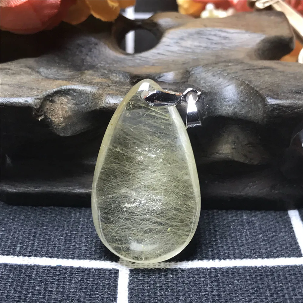 Natural Gold Rutilated Quartz Pendant Jewelry For Women Crystal 34x20x10mm Clear Stone 925 Silver Necklace Pendant AAAA
