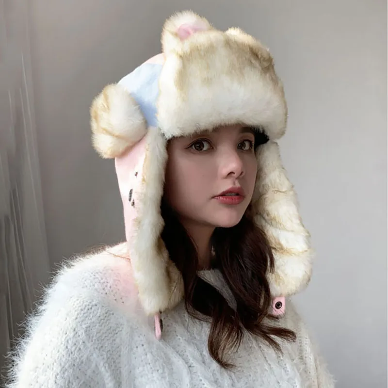 4 цвета, зимняя женская толстая шапка-бомбер из искусственного меха, теплые зимние снежные шапки, милые шапки с кошачьими ушками и маской, русская ушанка