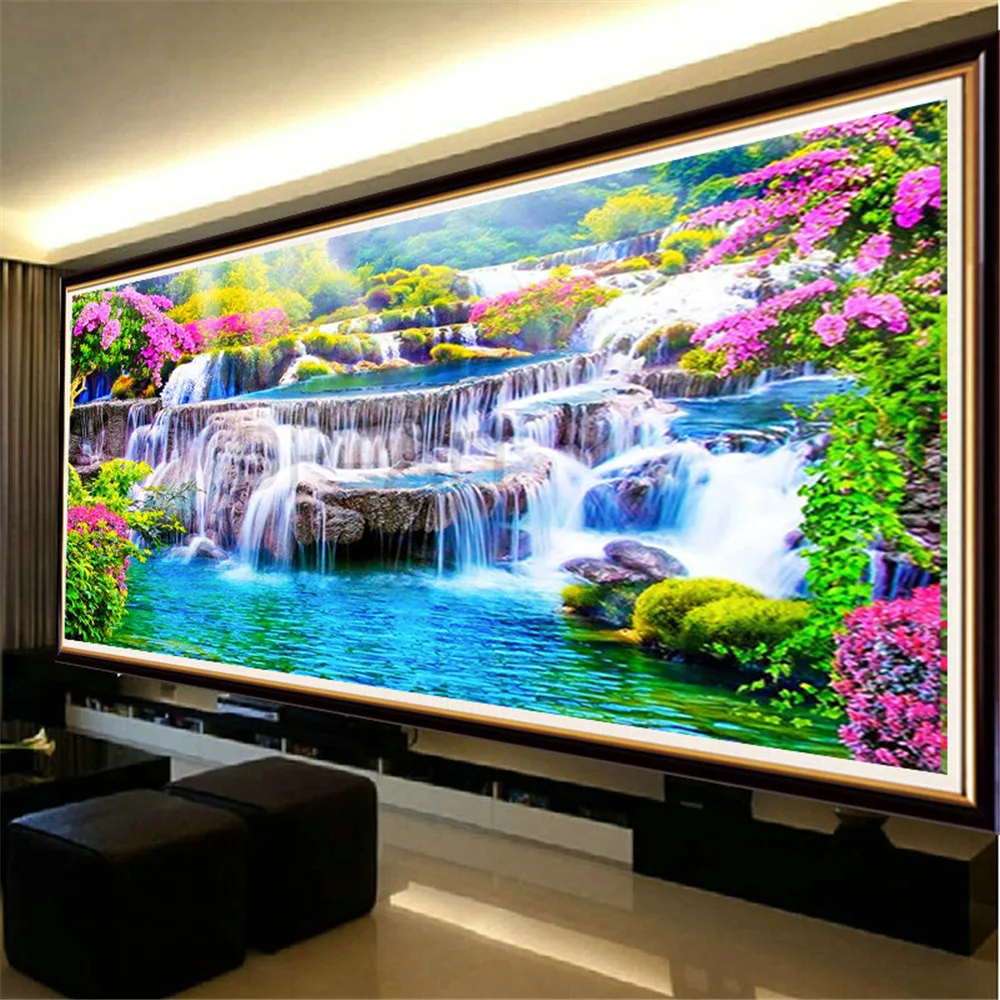 

Large Diamond Painting Spring Landscape Waterfall Full Round Drill Diy 5D Paint with Diamond Embroidery Mosaic Art Home Decor