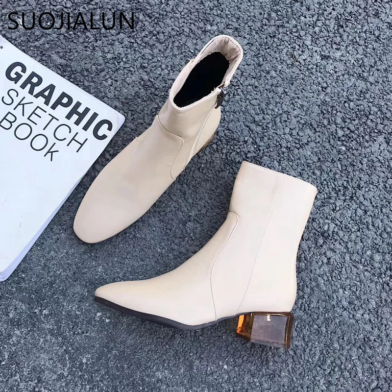 SUOJIALUN/женские ботильоны; модные брендовые зимние ботинки на квадратном каблуке со стразами; женские короткие Ботинки Martin с круглым носком на молнии