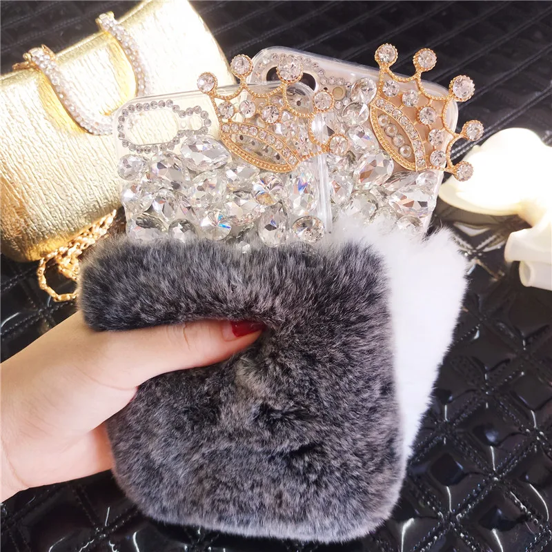 Блестящий пушистый чехол со стразами из кроличьего меха для iPhone 11 12 X XS MAX XR 5s 6 7 8 Plus