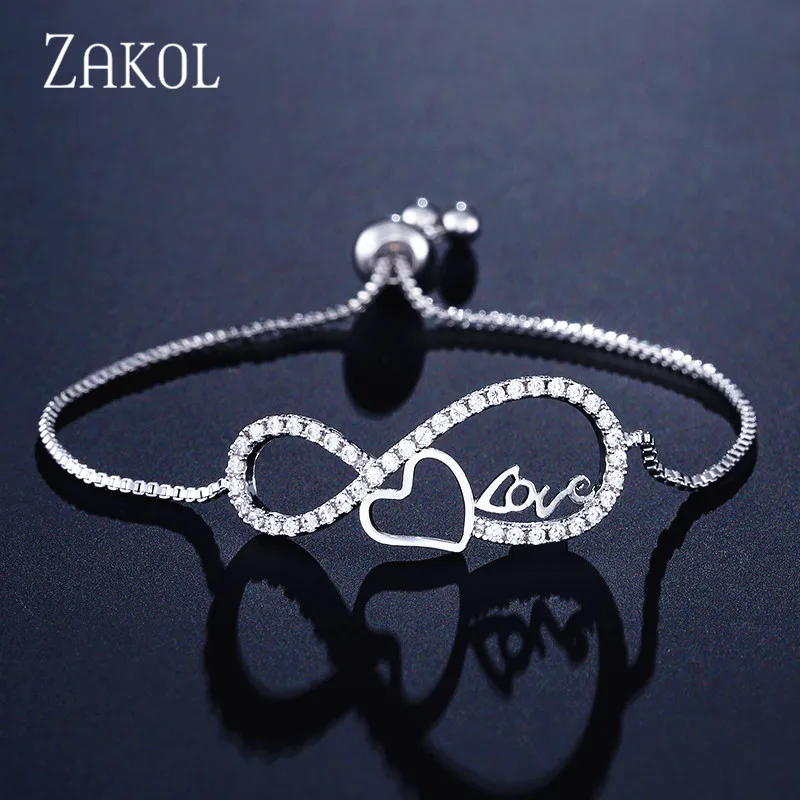 Модные циркониевые браслеты ZAKOL, 8 форм, сердце, бесконечность, регулируемые браслеты для невесты, свадебные браслеты для женщин, модное ювелирное изделие, подарок, FSBP2120