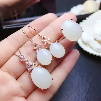 

MeiBaPJ Classic Natural White Nephrite Jade Gemstone Jewelry Set Real 925 Sterling Silver 3 Pieces Siut Fine Jewelry for Women