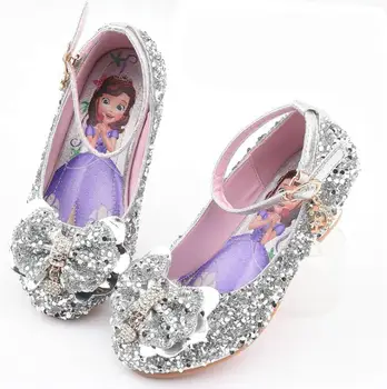 

Children Princess Sandals Girls High Heel Cartoon Glitter Leather Shoes Kids Crystal Sofia Shoes Bowtie Knot Shoes Party