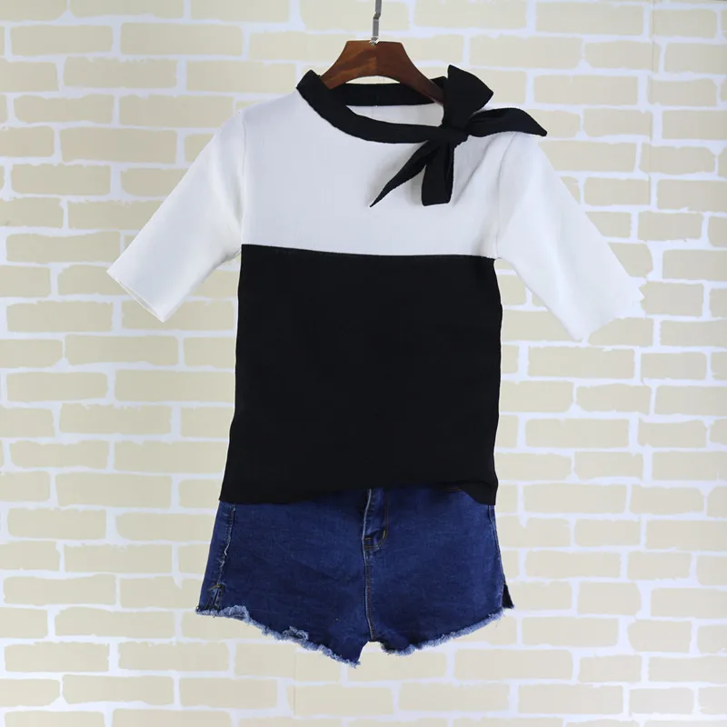 summer women's knit short-sleeved T-shirt Slim round neck bow T-shirt knit shirt bottoming outside wearing office lady tops