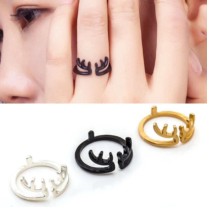 

Fashion Adjustable Elk Rings For Woemen Opening Antler Ring Jewelry Black Engagement Ring Christmas Party Rings For Female Gifts