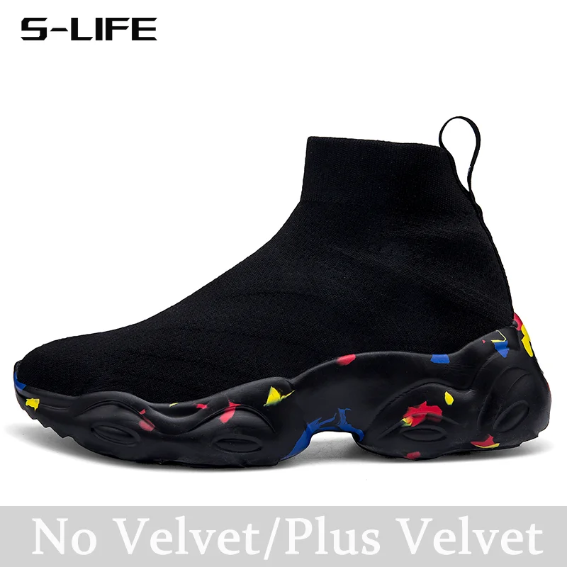 

High Top Sock Shoes Unisex Slip on Sneakers Black Knitted Shoes Women Men Camouflage Sole Plus Velvet Cotton Loafers Plus Size