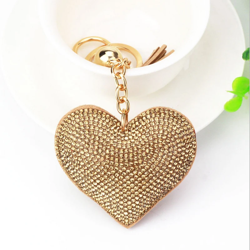 13 Fashion Keychain Heart Shape Female Full Glass Beads Key Covers Mosaic Leather Fringed Key Chain Car Ring Cap Gift - Color: 13