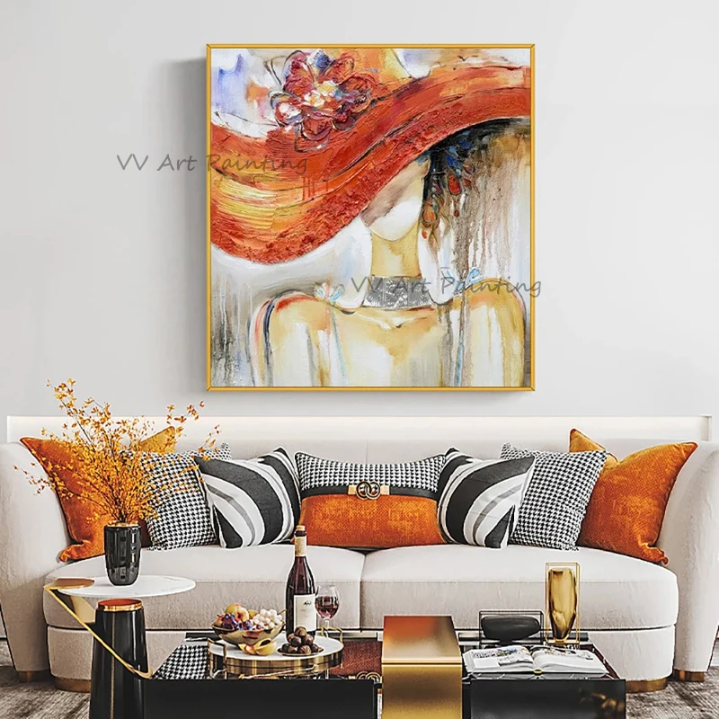 

Фигурка ручной работы Картина маслом Большая винтажная Абстрактная Картина на холсте роспись картина для гостиной Куадрос декор Женская одежда шляпа