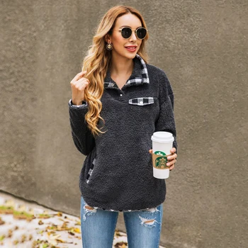

2020 Lattice Spliced Pocket Casual Plush Hoodies Women Winter Autumn Outwear Zipper Sweatshirt Long Sleeve Loose Pullovers Tops