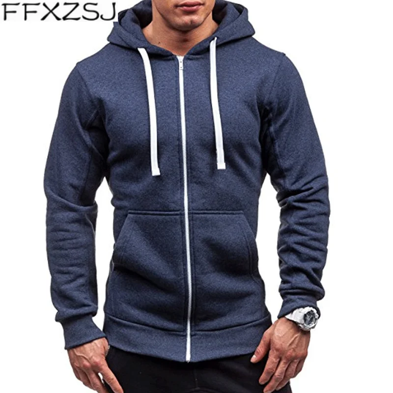 FFXZSJ бренд мужские толстовки спортивный костюм осень зима Drawstring карман толстовка с капюшоном длинный рукав молния тонкий пальто мужской пиджак