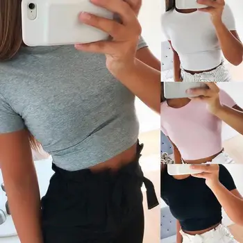 

Women's Sexy Short Cropped Navel Short Sleeve T-Shirt Shirt Casual Solid Color Joker Cotton O-Neck Pullover Top